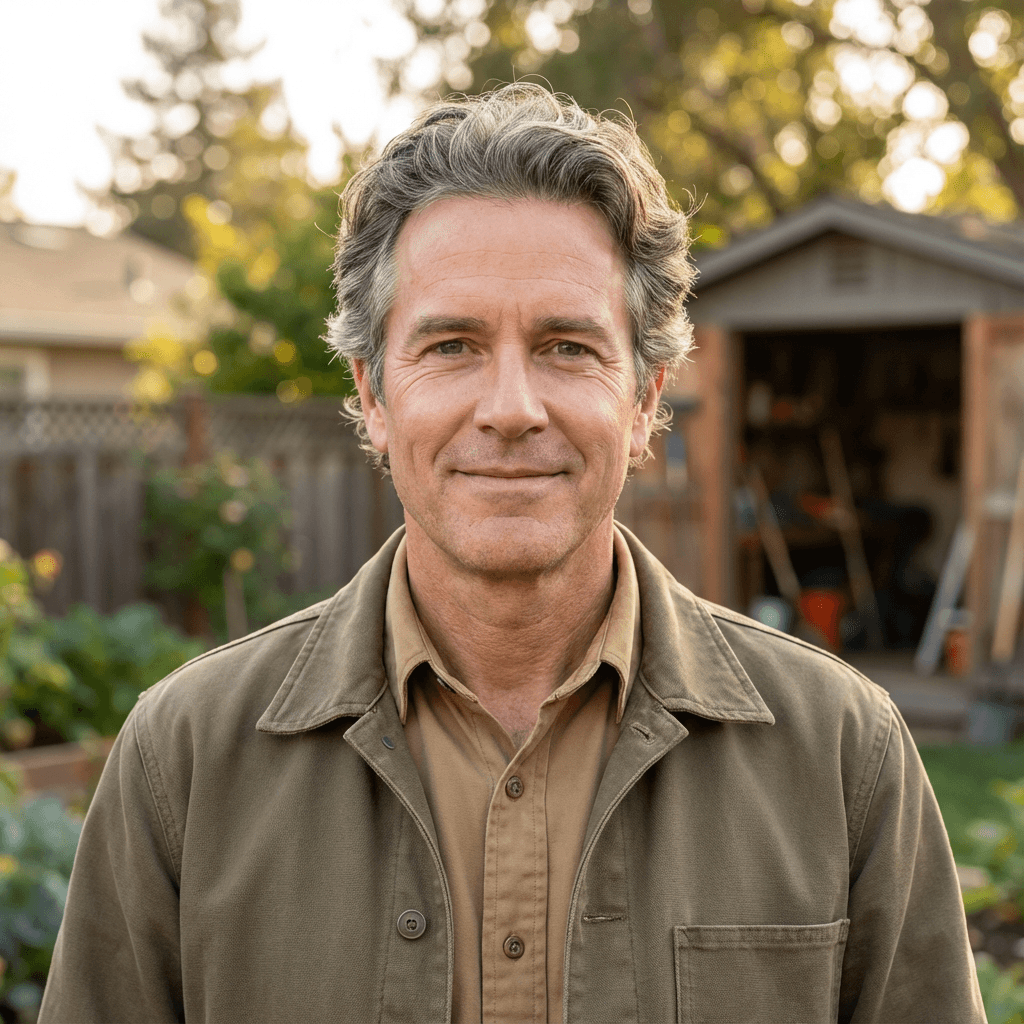 Homeowner reviewing backyard site with mature trees