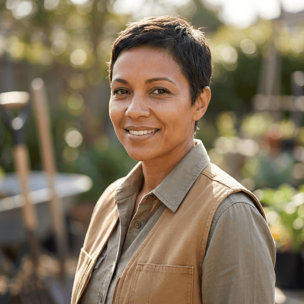 Homeowner standing in her landscaped backyard