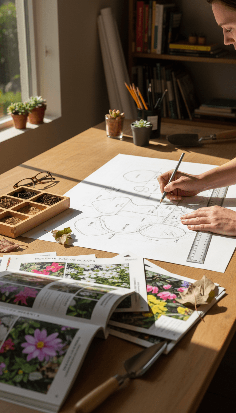 Landscape designer reviewing a garden plan with plant catalogs on a drafting table
