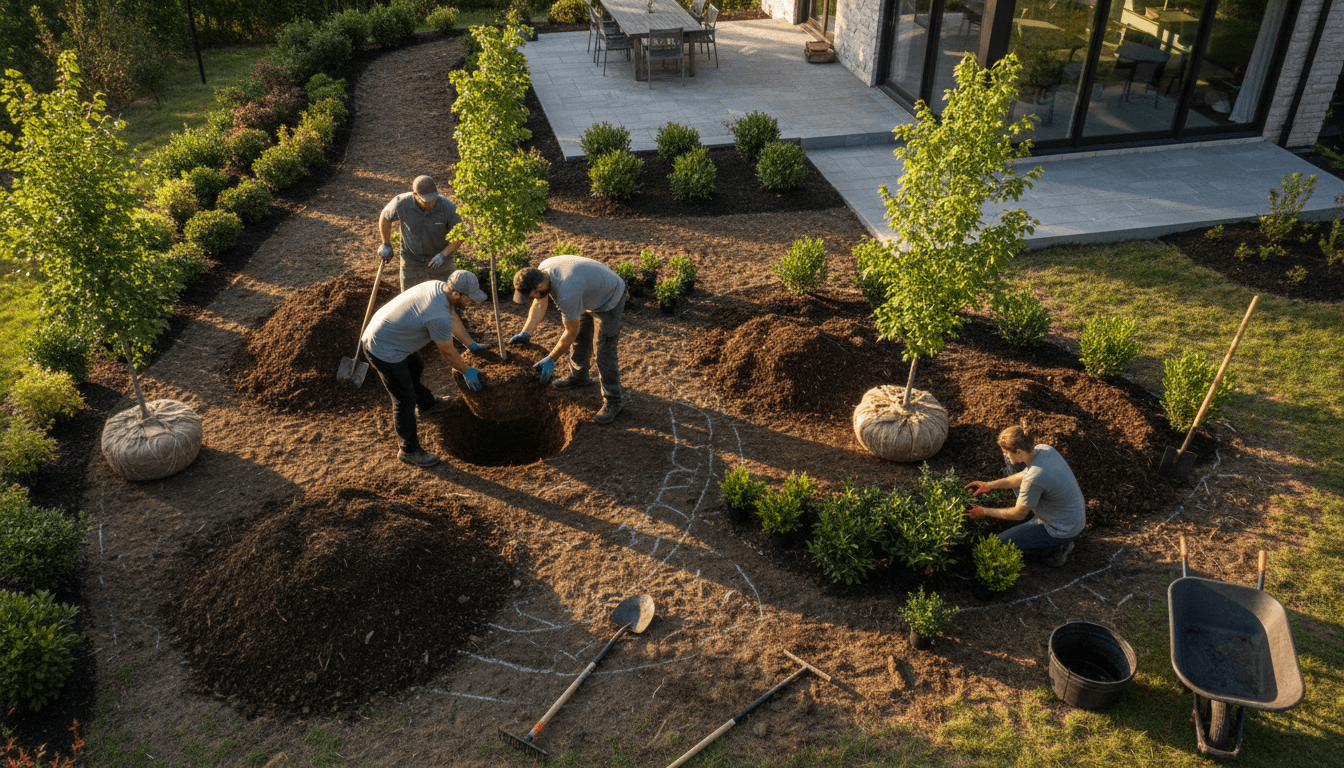 Landscape installation team planting trees and shrubs at residential property with dug holes and mulch visible