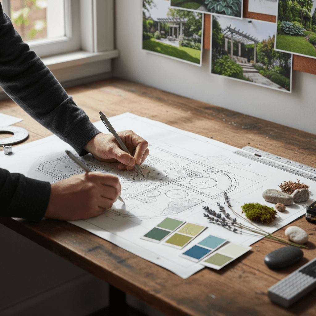 Landscape designer sketching a site plan at a drafting table with plant catalogs and laptop