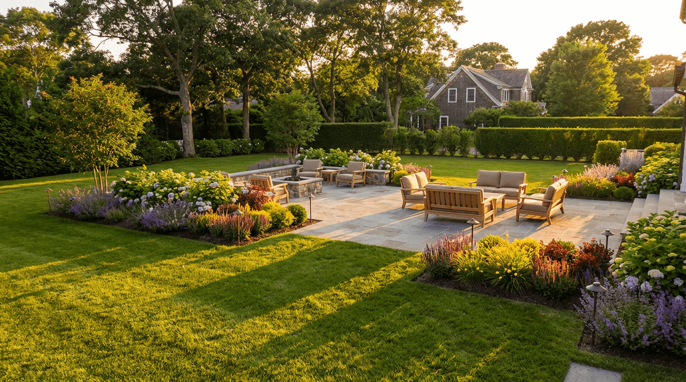 Landscape design plan spread on a table beside a view of a residential yard in the Poconos
