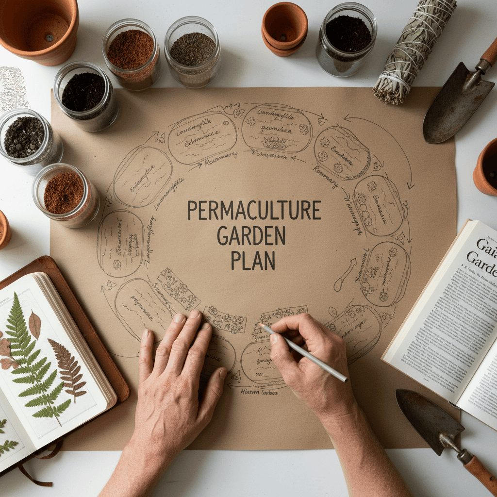 Hand-drawn planting plan on a drafting table