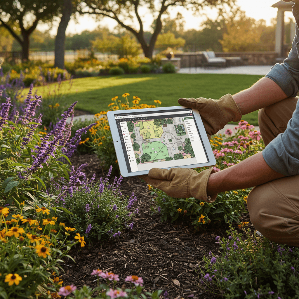 Landscape designer reviewing digital garden design on tablet while crouching in sunlit residential garden bed with blooming perennials