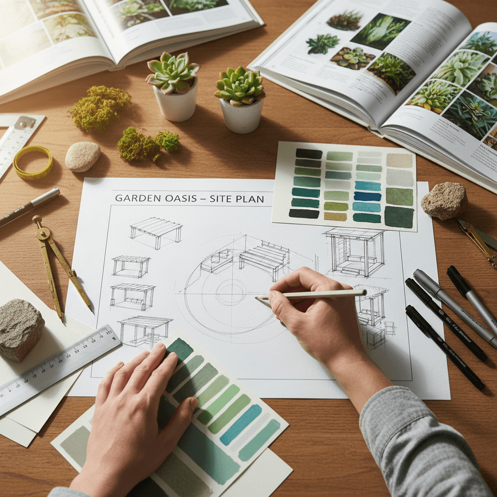 Landscape designer sketching a site plan by hand on a drafting table