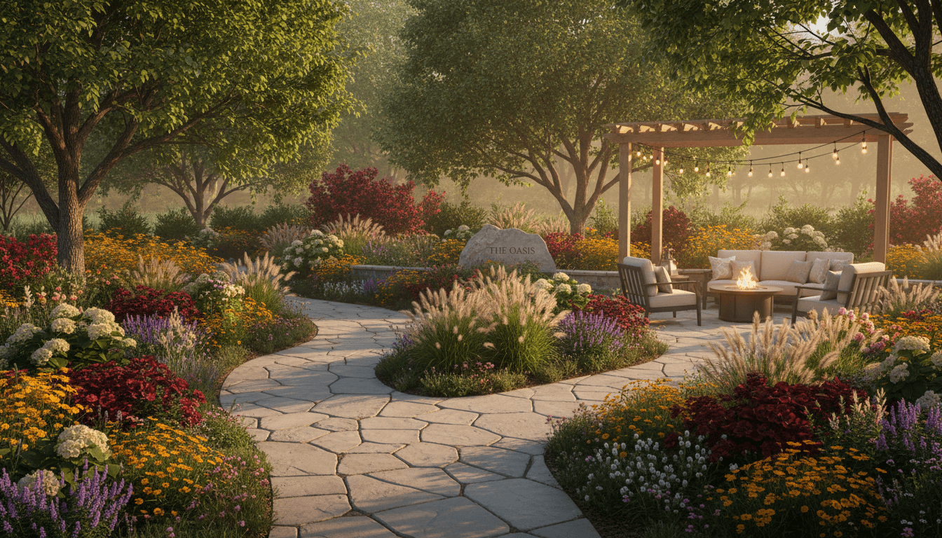 Landscape design plan in hand with a garden in the background