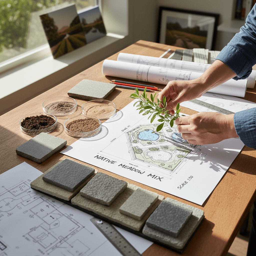 Landscape designer reviewing design plans with a client on site