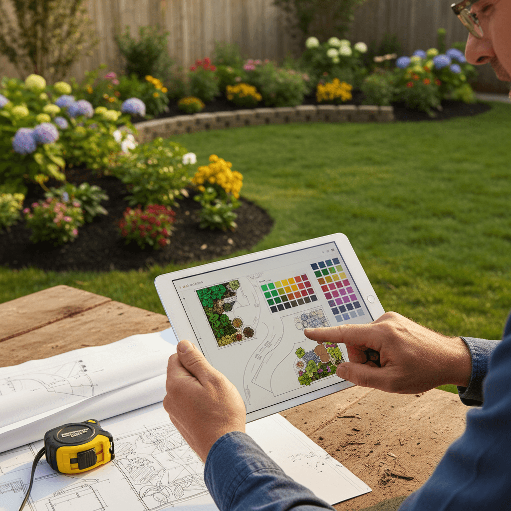 Landscape designer walking a residential property with a client in East Stroudsburg